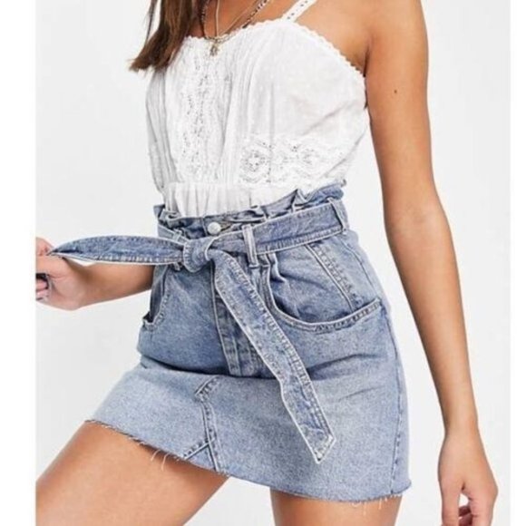 Free People Dresses & Skirts - We The Free East of Eden Blue Denim Paperbag Skirt Button Fly Raw Hem Size 26